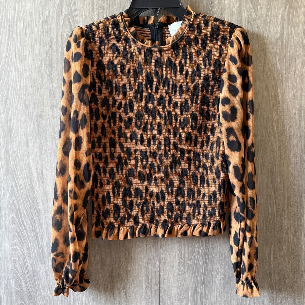 Jason‎ Wu Leopard Print Smocked Blouse Women Small Brown Animal Print Mob Wife